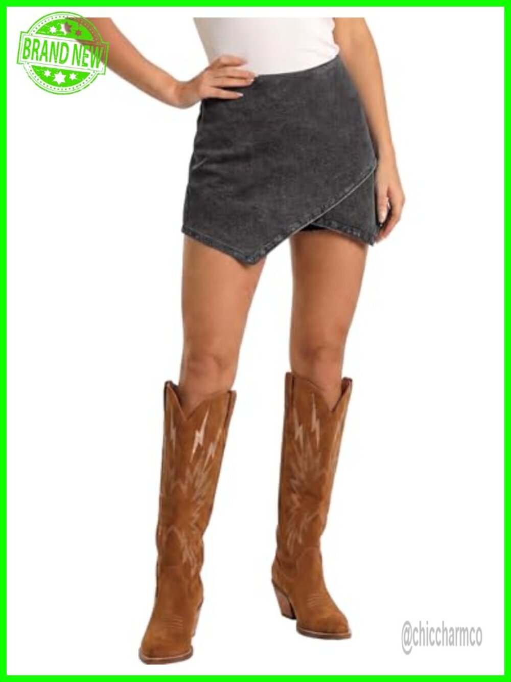 Denim Skort with Pockets - High Waisted Pull On Wrap Skort - Picture 1 of 6